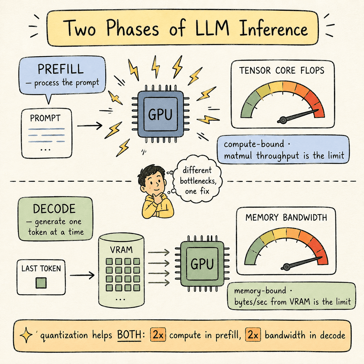 Prefill vs decode — a vertical split. Top: prefill phase, compute-bound, tensor-core FLOPS gauge maxed. Bottom: decode phase, memory-bound, VRAM-bandwidth gauge maxed.