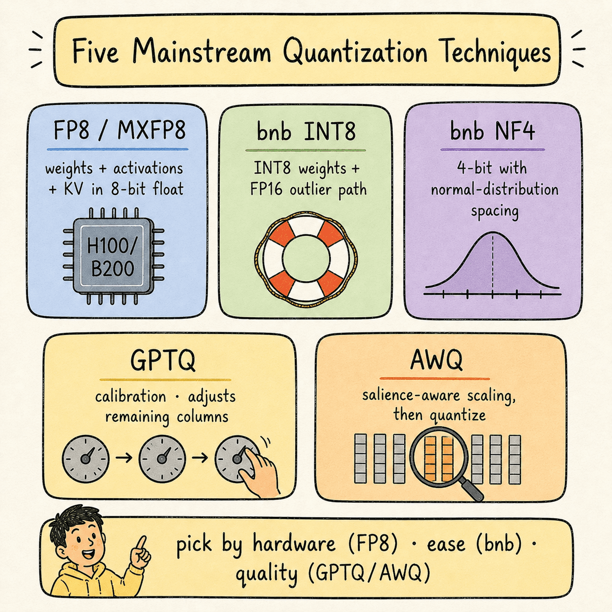 Five-cell grid summarising the techniques: FP8/MXFP8, bnb INT8, bnb NF4, GPTQ, AWQ — each with a one-line description and a small icon.