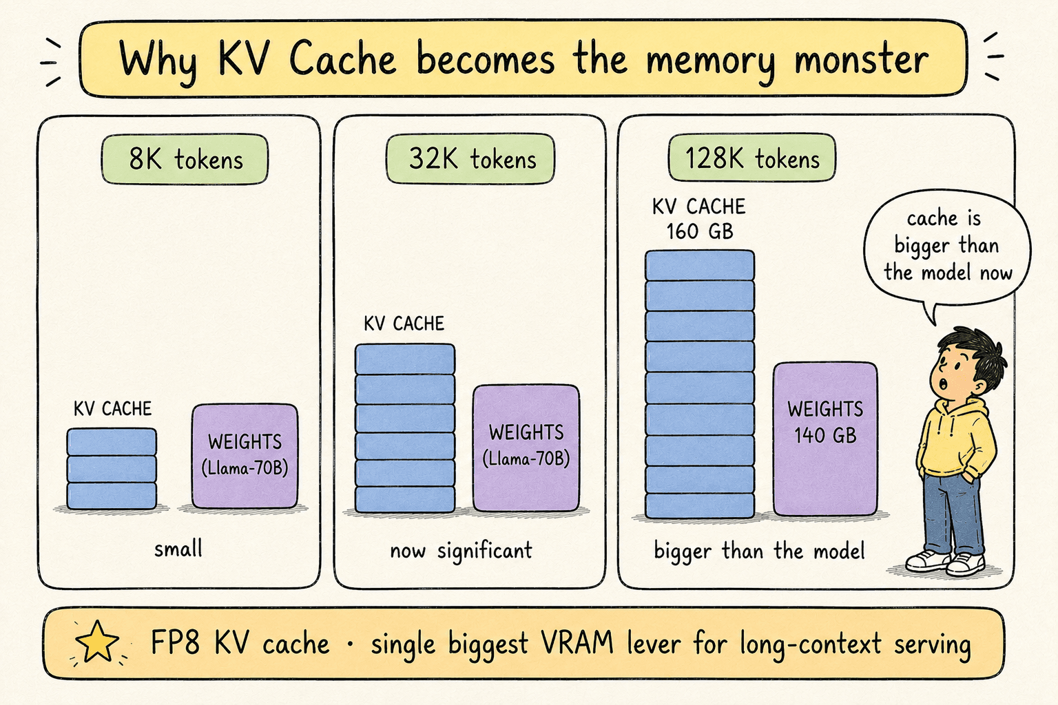 KV cache growth — three panels showing 8K tokens (small cache next to weights), 32K tokens (cache about as tall as weights), and 128K tokens (cache towers over weights, 160 GB vs 140 GB).